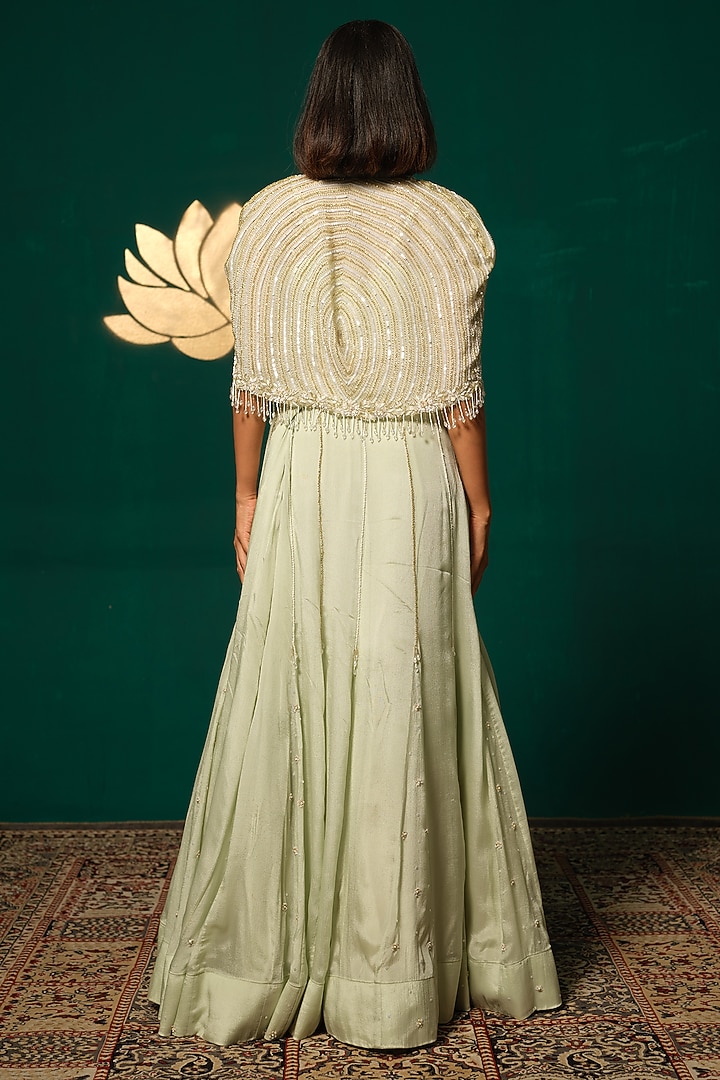 Sage Green Chinnon Cutdana Embroidered Wedding Lehenga Set by Niloufer by Aasif Ally at Pernia's Pop Up Shop