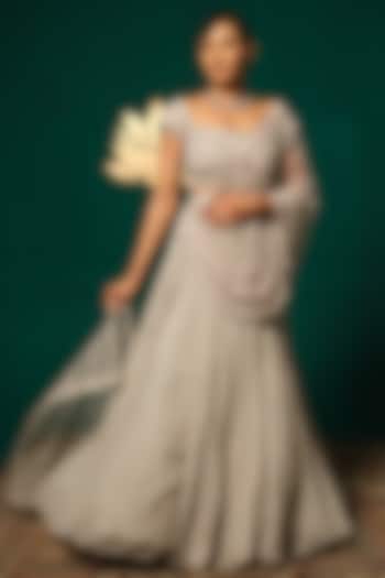 Silver Chinnon Floral Handwork Draped Wedding Saree Set by Niloufer by Aasif Ally at Pernia's Pop Up Shop