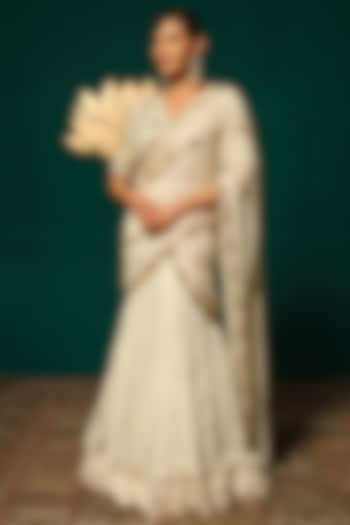 Ivory Chinnon Sequins Handwork Draped Reception Saree Set by Niloufer by Aasif Ally at Pernia's Pop Up Shop