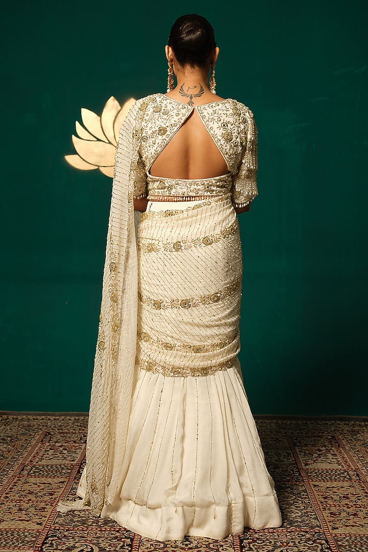 Ivory Chinnon Sequins Handwork Draped Reception Saree Set by Niloufer by Aasif Ally at Pernia's Pop Up Shop