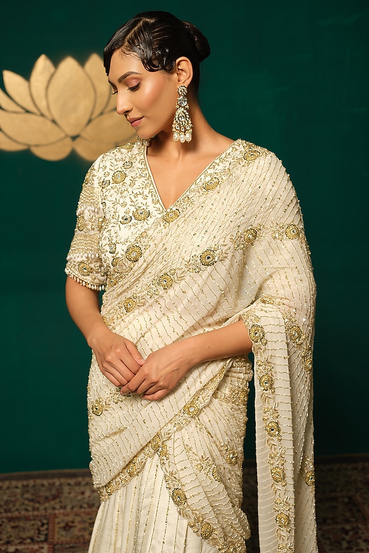Ivory Chinnon Sequins Handwork Draped Reception Saree Set by Niloufer by Aasif Ally at Pernia's Pop Up Shop