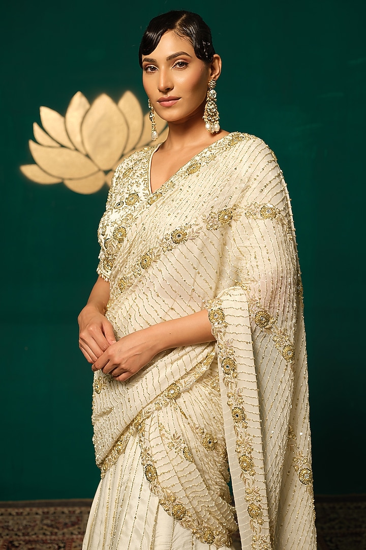 Ivory Chinnon Sequins Handwork Draped Reception Saree Set by Niloufer by Aasif Ally at Pernia's Pop Up Shop