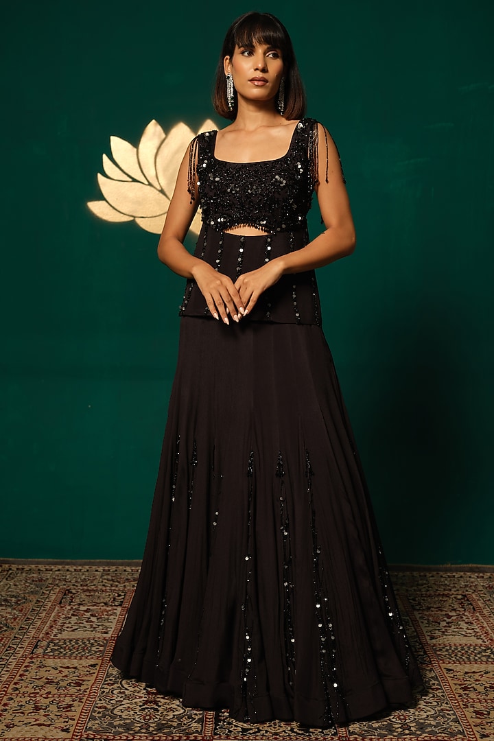 Black Chinnon Sequins Embellished Engagement Gown by Niloufer by Aasif Ally at Pernia's Pop Up Shop