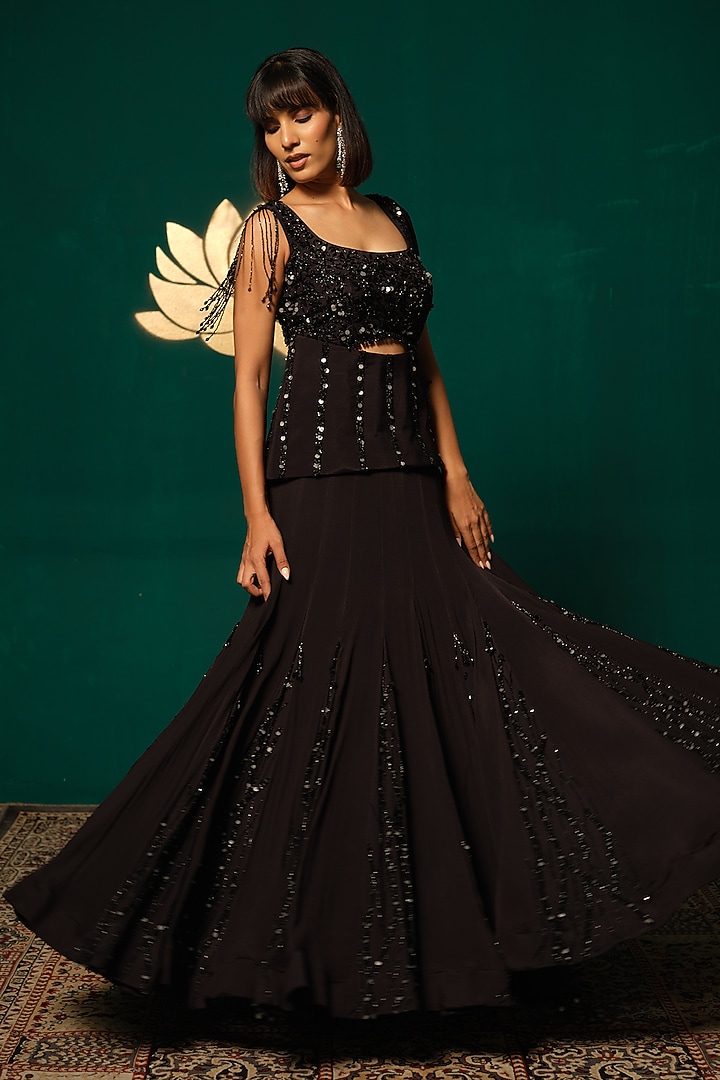 Black Chinnon Sequins Embellished Engagement Gown by Niloufer by Aasif Ally at Pernia's Pop Up Shop