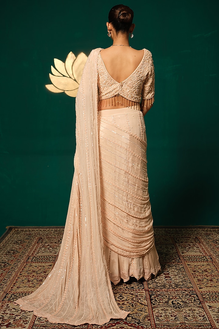 Peach Chinnon Sequins Handwork Draped Reception Saree Set by Niloufer by Aasif Ally at Pernia's Pop Up Shop