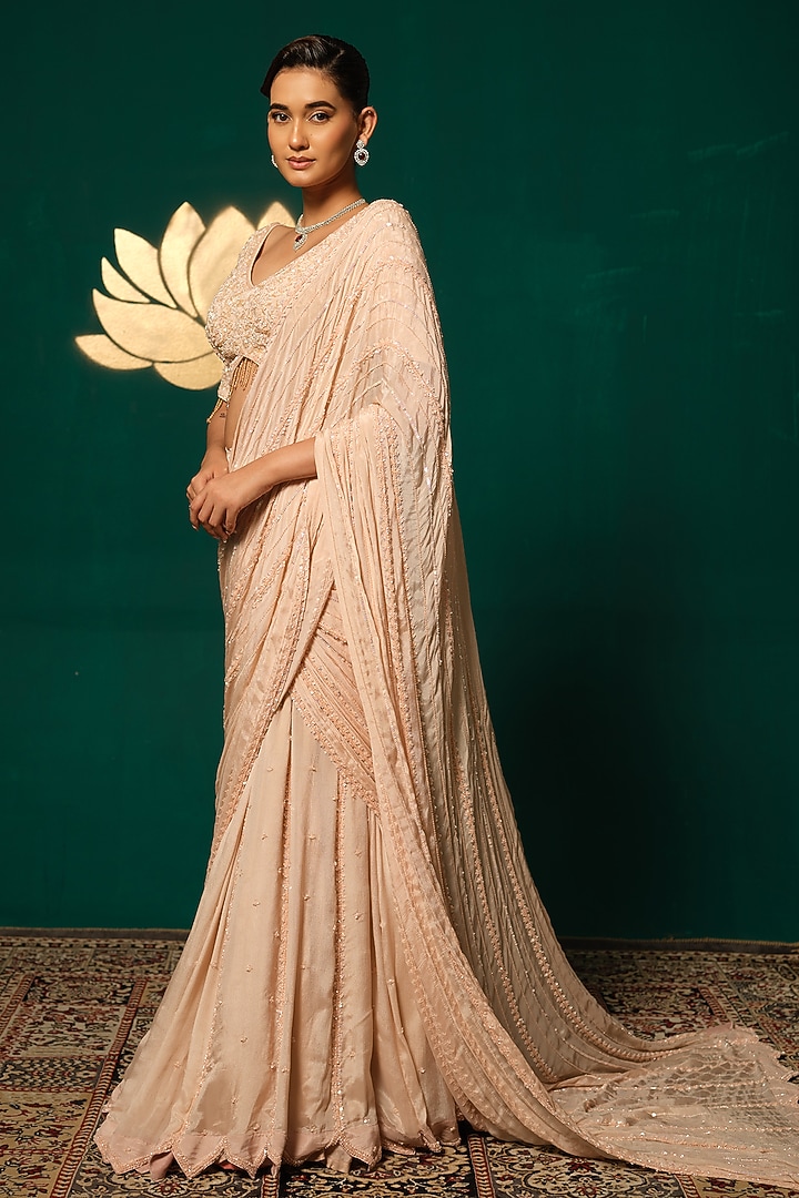 Peach Chinnon Sequins Handwork Draped Reception Saree Set by Niloufer by Aasif Ally at Pernia's Pop Up Shop