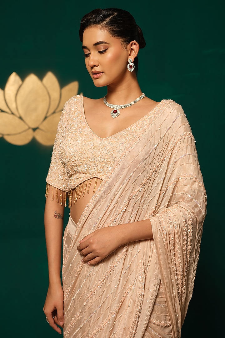 Peach Chinnon Sequins Handwork Draped Reception Saree Set by Niloufer by Aasif Ally at Pernia's Pop Up Shop
