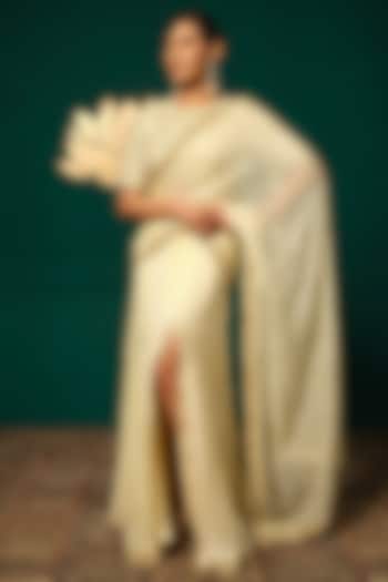 Ivory Chinnon Cutdana Handwork Draped Reception Saree Set by Niloufer by Aasif Ally at Pernia's Pop Up Shop