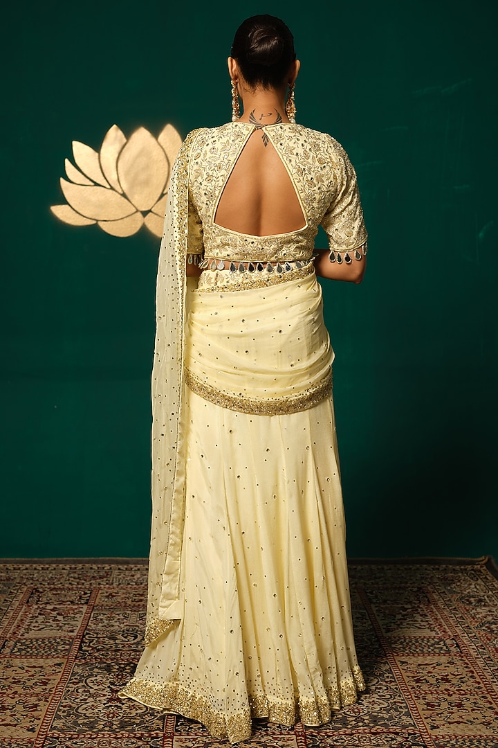 Ivory Chinnon Cutdana Handwork Draped Reception Saree Set by Niloufer by Aasif Ally at Pernia's Pop Up Shop