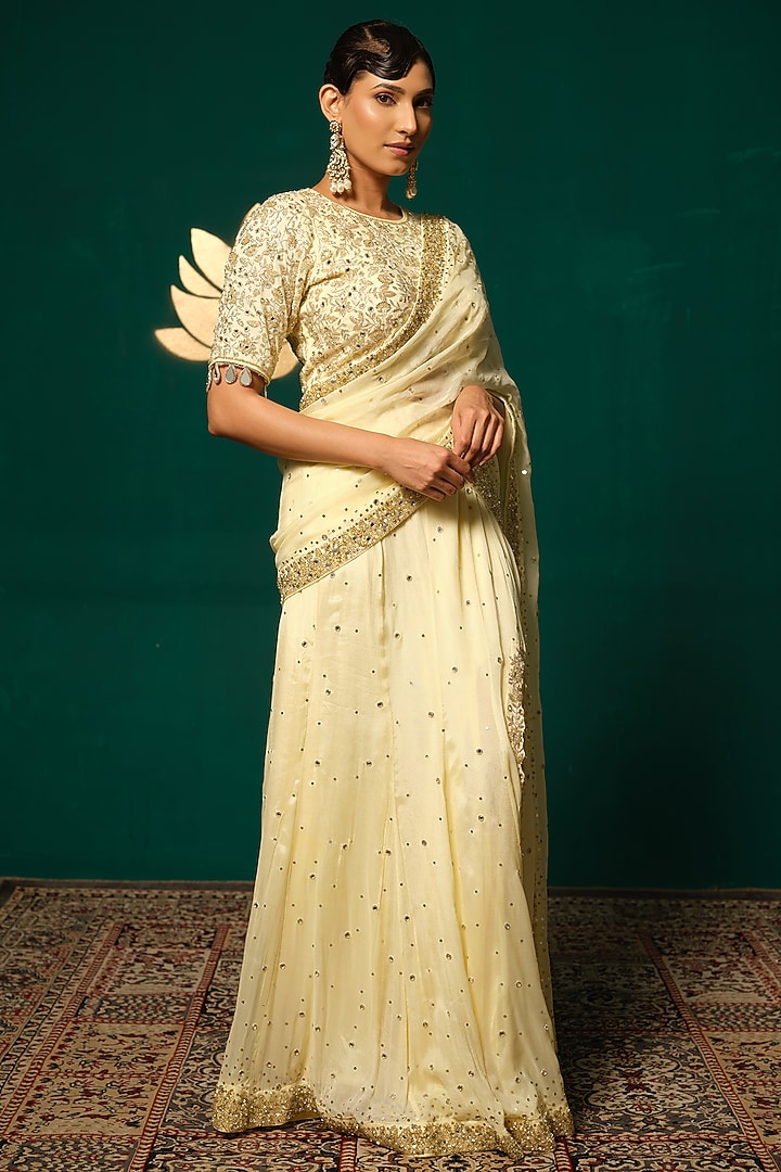 Ivory Chinnon Cutdana Handwork Draped Reception Saree Set by Niloufer by Aasif Ally at Pernia's Pop Up Shop