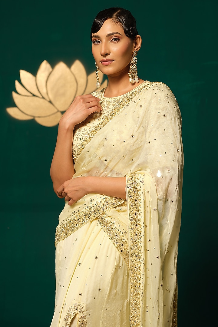 Ivory Chinnon Cutdana Handwork Draped Reception Saree Set by Niloufer by Aasif Ally at Pernia's Pop Up Shop