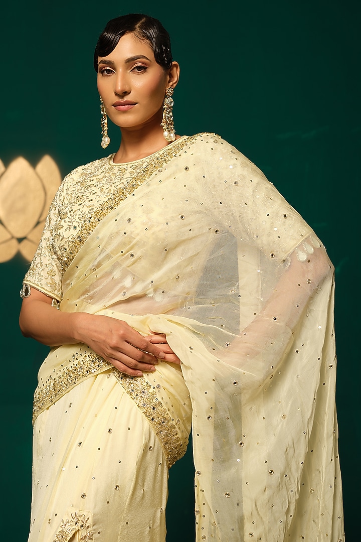 Ivory Chinnon Cutdana Handwork Draped Reception Saree Set by Niloufer by Aasif Ally at Pernia's Pop Up Shop