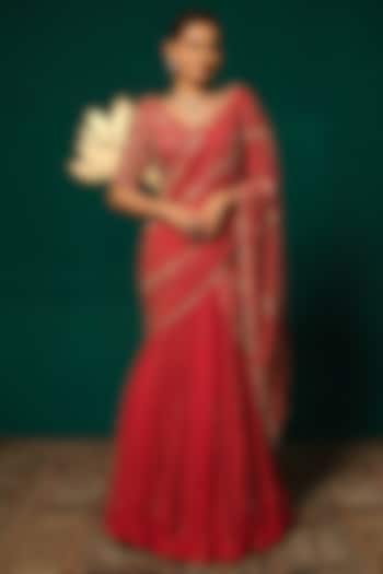Red Chinnon Zardosi Embroidered Draped Reception Saree Set by Niloufer by Aasif Ally at Pernia's Pop Up Shop