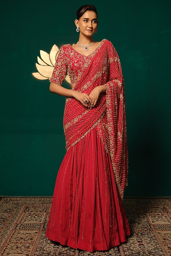 Red Chinnon Zardosi Embroidered Draped Reception Saree Set by Niloufer by Aasif Ally at Pernia's Pop Up Shop