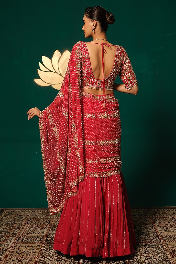 Red Chinnon Zardosi Embroidered Draped Reception Saree Set by Niloufer by Aasif Ally at Pernia's Pop Up Shop