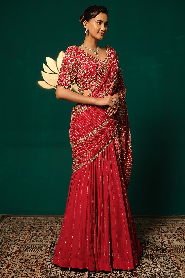 Red Chinnon Zardosi Embroidered Draped Reception Saree Set by Niloufer by Aasif Ally at Pernia's Pop Up Shop