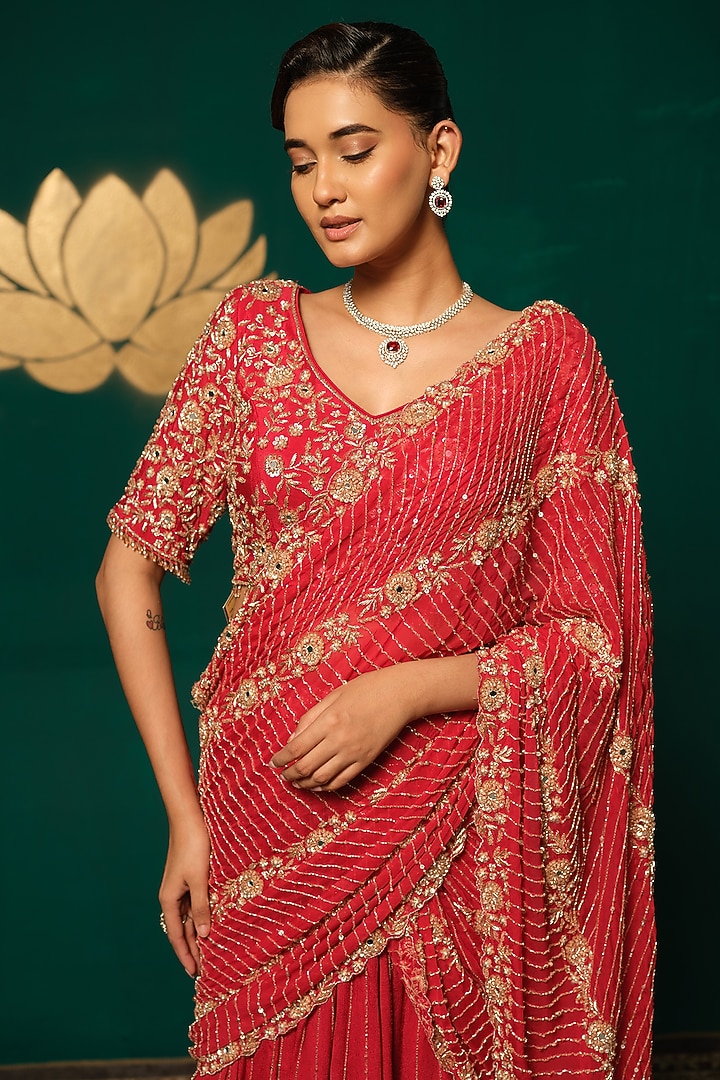 Red Chinnon Zardosi Embroidered Draped Reception Saree Set by Niloufer by Aasif Ally at Pernia's Pop Up Shop