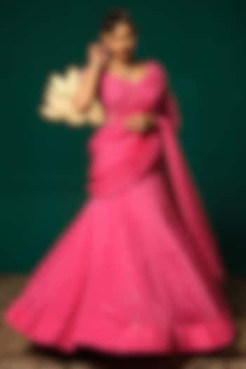 Pink Chinnon Cutdana Embroidered Wedding Gown Saree Set by Niloufer by Aasif Ally at Pernia's Pop Up Shop