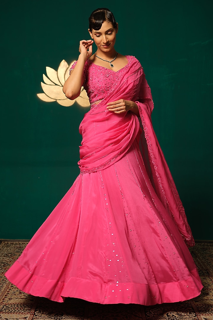 Pink Chinnon Cutdana Embroidered Wedding Gown Saree Set by Niloufer by Aasif Ally at Pernia's Pop Up Shop