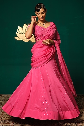 Pink Chinnon Cutdana Embroidered Gown Saree Set by Niloufer by Aasif Ally