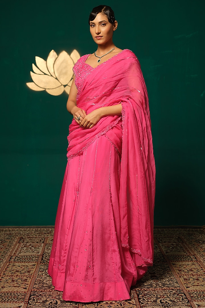Pink Chinnon Cutdana Embroidered Wedding Gown Saree Set by Niloufer by Aasif Ally at Pernia's Pop Up Shop