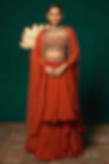 Orange Chinon Mirror Work Jacket Wedding Lehenga Set by Niloufer by Aasif Ally at Pernia's Pop Up Shop