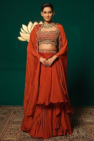 Orange Chinon Mirror Work Jacket Lehenga Set by Niloufer by Aasif Ally