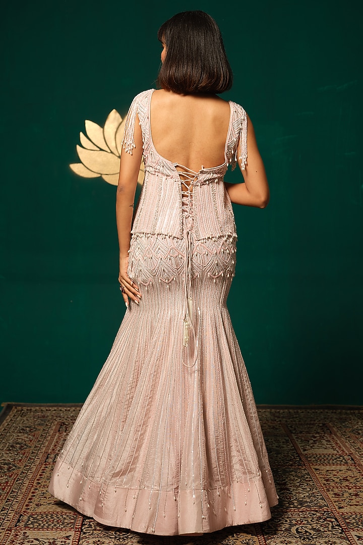 Lilac Shimmer Tissue Embroidered Fish-Cut Wedding Lehenga Set by Niloufer by Aasif Ally at Pernia's Pop Up Shop