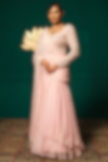 Pastel Pink Chinon Handwork Ready-To-Wear Wedding Saree Set by Niloufer by Aasif Ally at Pernia's Pop Up Shop