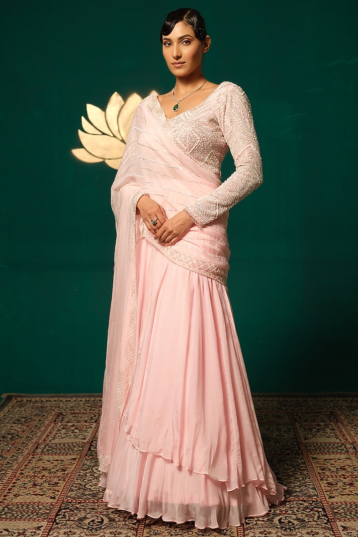 Pastel Pink Chinon Handwork Ready-To-Wear Wedding Saree Set by Niloufer by Aasif Ally at Pernia's Pop Up Shop