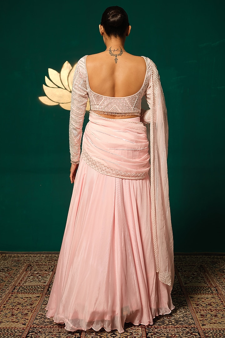 Pastel Pink Chinon Handwork Ready-To-Wear Wedding Saree Set by Niloufer by Aasif Ally at Pernia's Pop Up Shop
