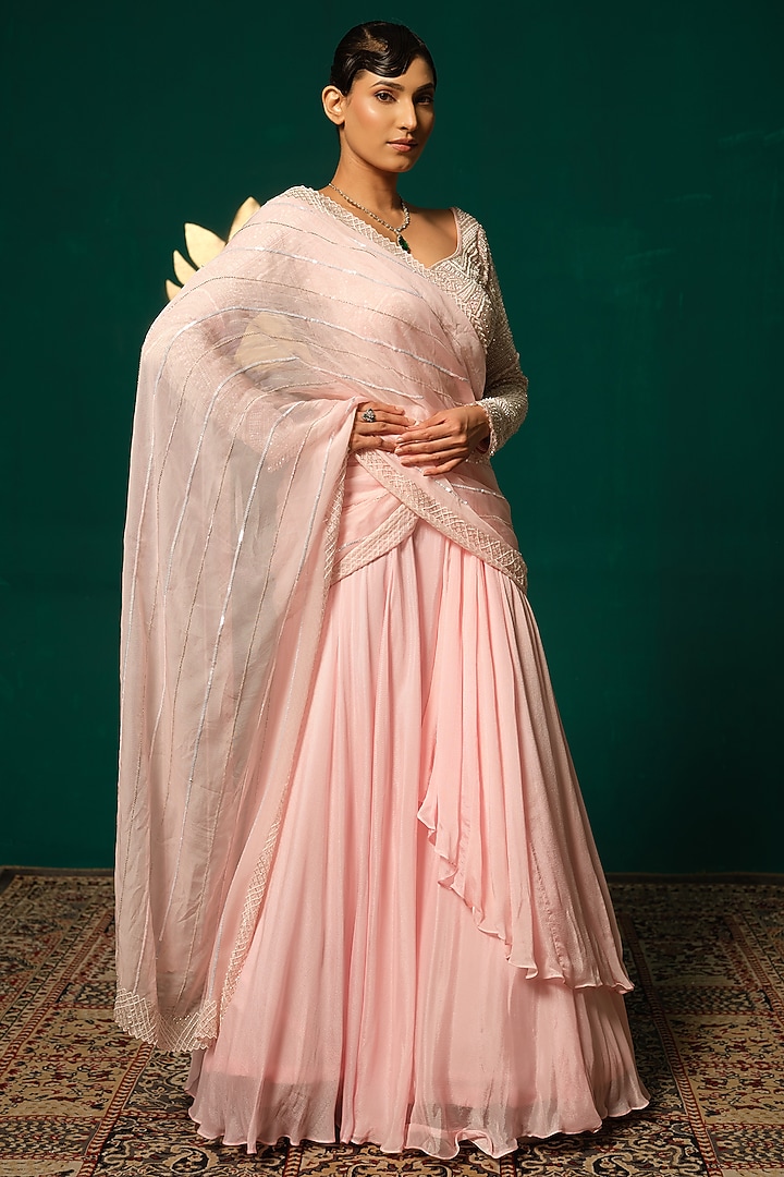 Pastel Pink Chinon Handwork Ready-To-Wear Wedding Saree Set by Niloufer by Aasif Ally at Pernia's Pop Up Shop