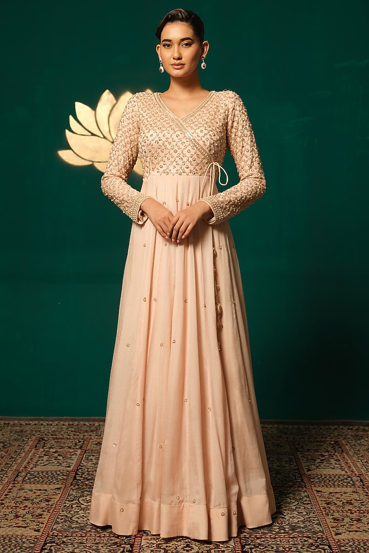 Peach Chinon Sequins Handwork Wedding Anarkali Set by Niloufer by Aasif Ally at Pernia's Pop Up Shop