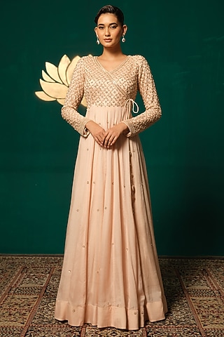 Peach Chinon Sequins Handwork Anarkali Set by Niloufer by Aasif Ally
