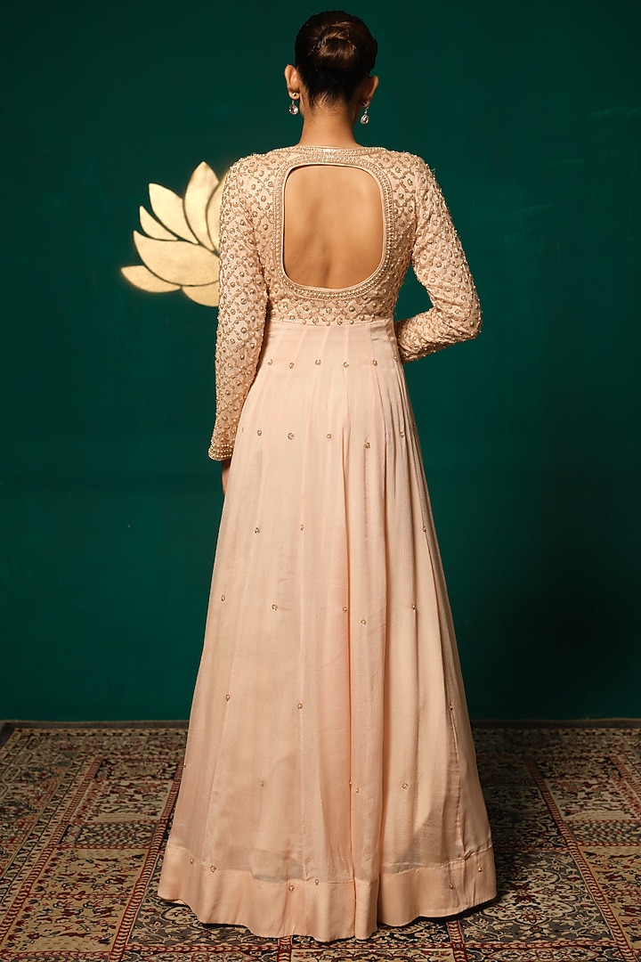Peach Chinon Sequins Handwork Wedding Anarkali Set by Niloufer by Aasif Ally at Pernia's Pop Up Shop