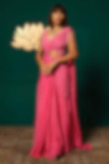 Pink Chinon Embroidered Ready-To-Wear Wedding Saree Set by Niloufer by Aasif Ally at Pernia's Pop Up Shop