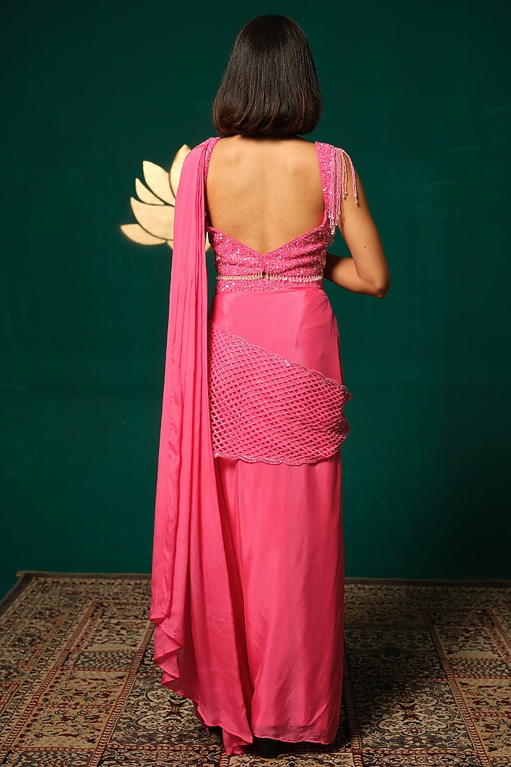 Pink Chinon Embroidered Ready-To-Wear Wedding Saree Set by Niloufer by Aasif Ally at Pernia's Pop Up Shop