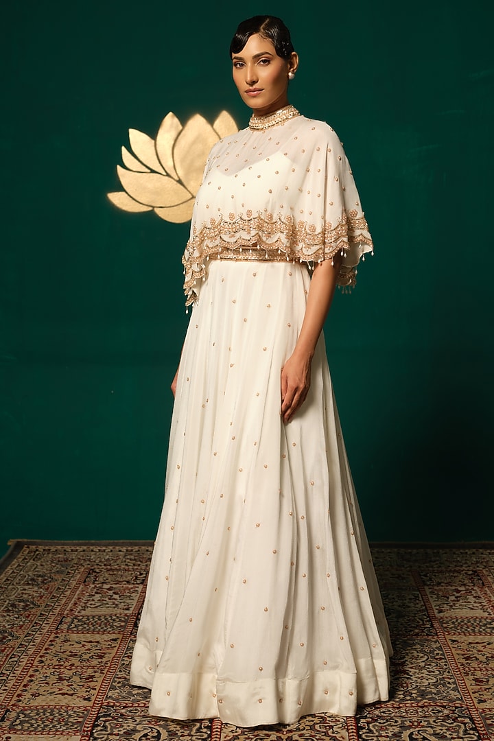 White Chinon Cutdana Handwork Wedding Lehenga Set by Niloufer by Aasif Ally at Pernia's Pop Up Shop