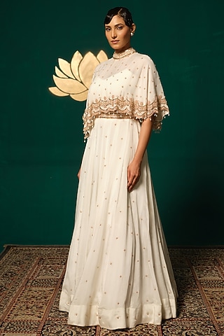 White Chinon Cutdana Handwork Lehenga Set by Niloufer by Aasif Ally