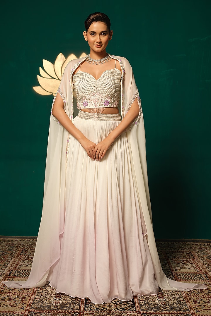White Chinon Cutdana Handwork Jacket Wedding Lehenga Set by Niloufer by Aasif Ally at Pernia's Pop Up Shop