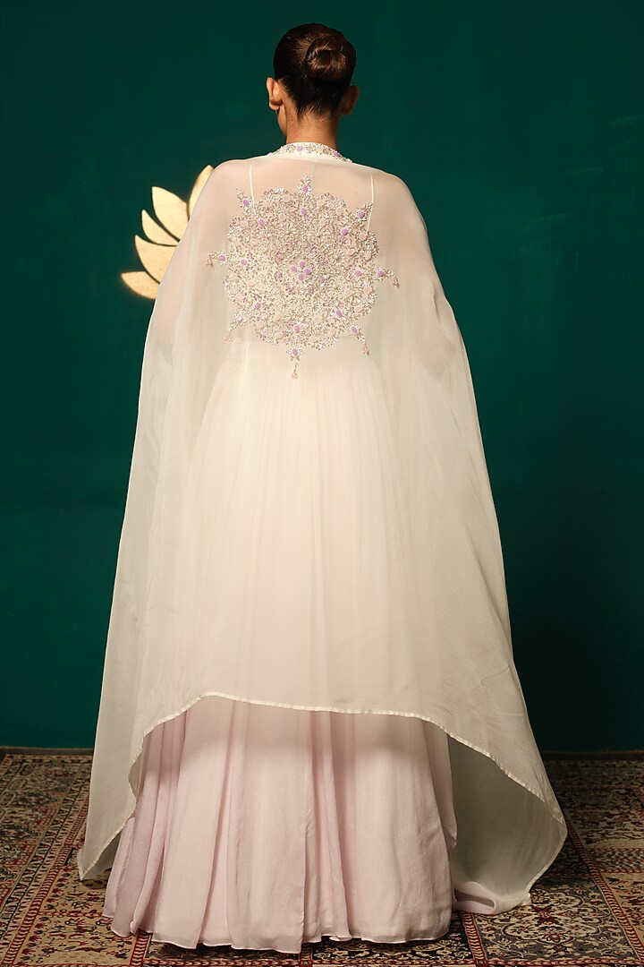 White Chinon Cutdana Handwork Jacket Wedding Lehenga Set by Niloufer by Aasif Ally at Pernia's Pop Up Shop