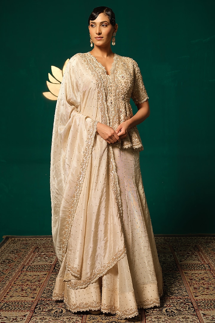 Gold Shimmer Tissue Embroidered Wedding Lehenga Set by Niloufer by Aasif Ally at Pernia's Pop Up Shop