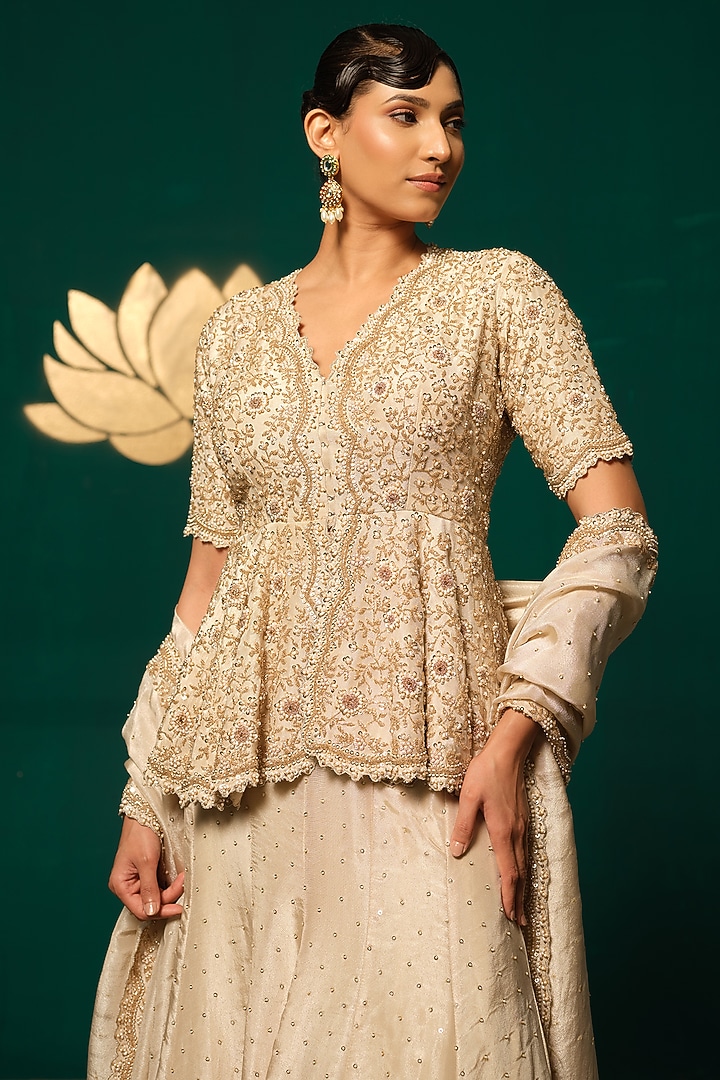 Gold Shimmer Tissue Embroidered Wedding Lehenga Set by Niloufer by Aasif Ally at Pernia's Pop Up Shop