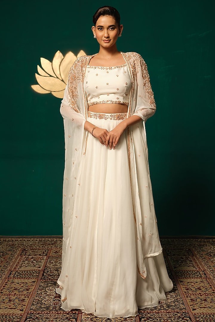 White Chinon Cutdana Handwork Jacket Wedding Lehenga Set by Niloufer by Aasif Ally at Pernia's Pop Up Shop