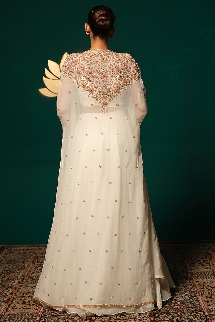 White Chinon Cutdana Handwork Jacket Wedding Lehenga Set by Niloufer by Aasif Ally at Pernia's Pop Up Shop