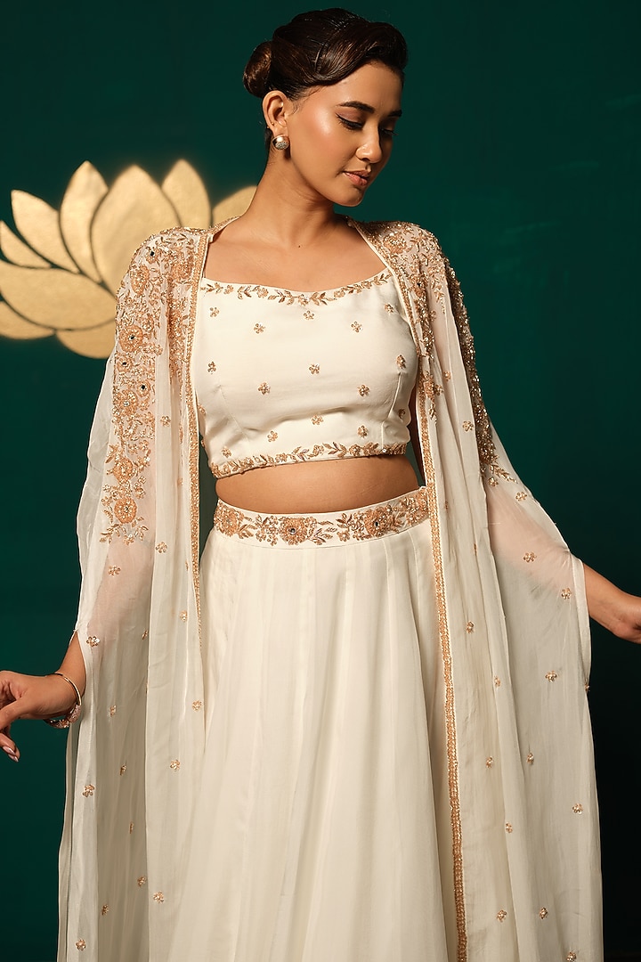 White Chinon Cutdana Handwork Jacket Wedding Lehenga Set by Niloufer by Aasif Ally at Pernia's Pop Up Shop