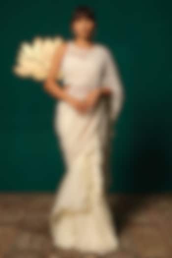 White Chinon Embroidered Ready-To-Wear Reception Saree Set by Niloufer by Aasif Ally at Pernia's Pop Up Shop