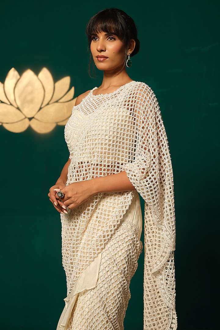 White Chinon Embroidered Ready-To-Wear Reception Saree Set by Niloufer by Aasif Ally at Pernia's Pop Up Shop