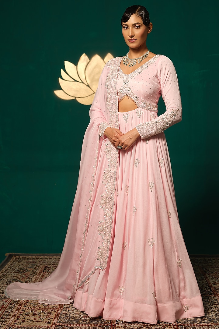 Pastel Pink Chinon Sequins Work Wedding Anarkali Set by Niloufer by Aasif Ally at Pernia's Pop Up Shop