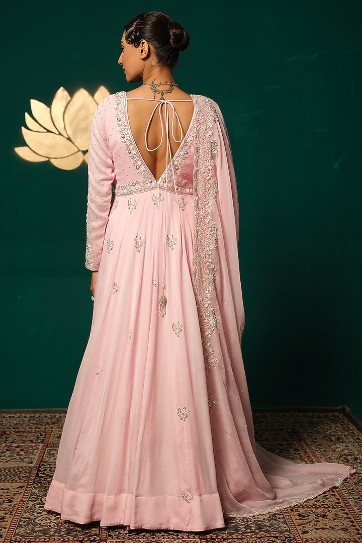 Pastel Pink Chinon Sequins Work Wedding Anarkali Set by Niloufer by Aasif Ally at Pernia's Pop Up Shop